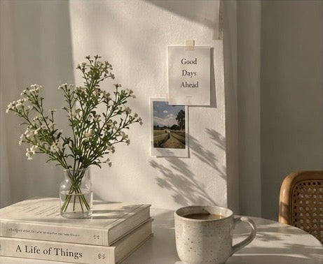 Flowers, books and a cup of coffee in warm window light