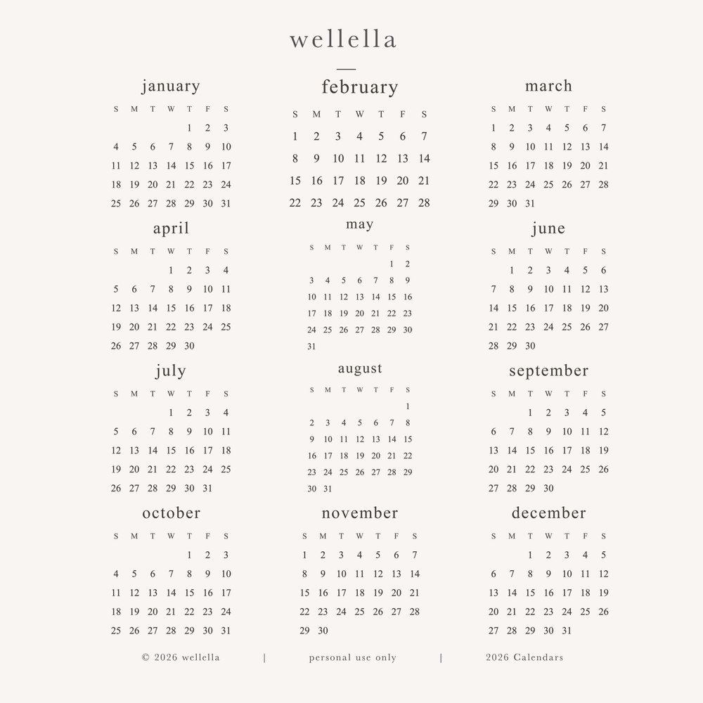 2026 Mini Calendars (Sunday start)