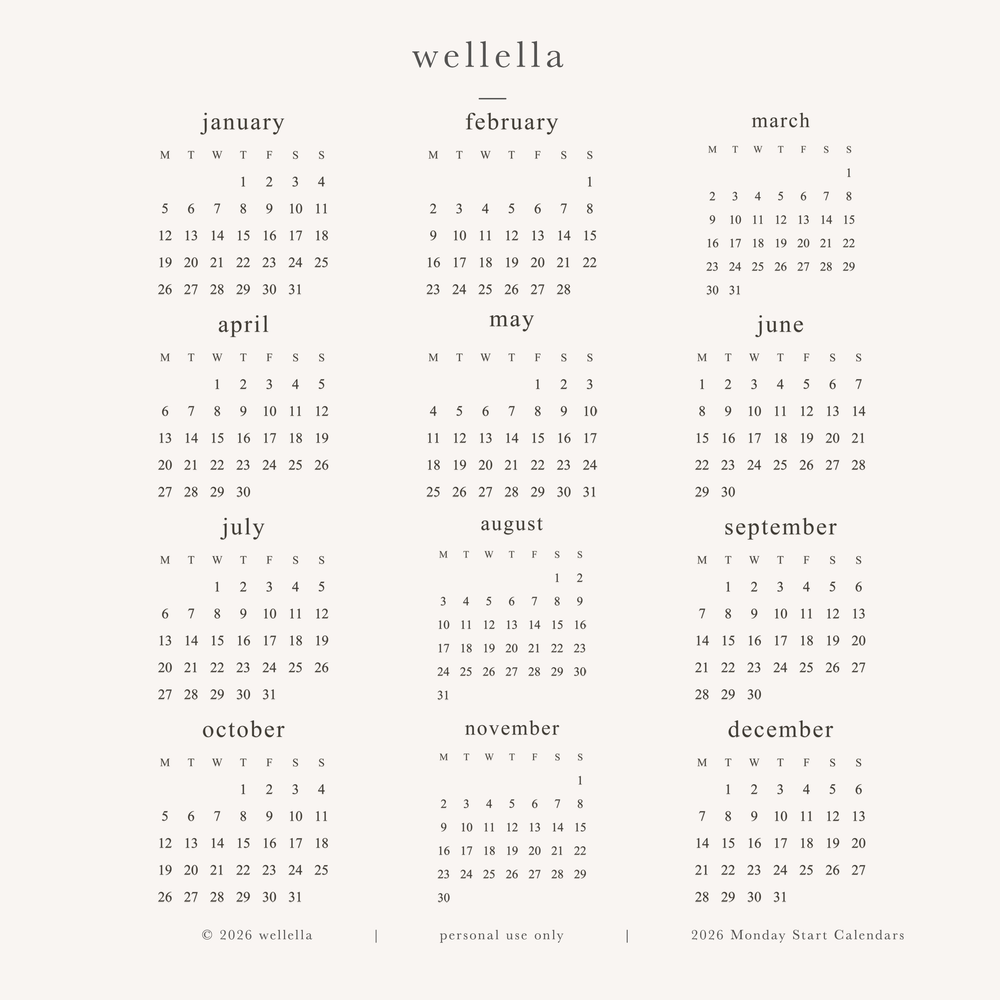 2026 Mini Calendars (Monday Start)