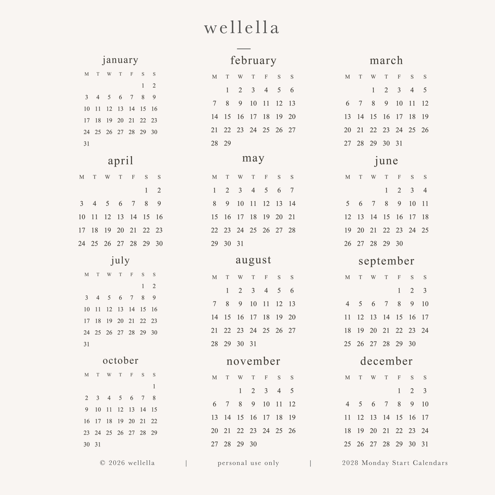 2028 Mini Calendars (Monday start)