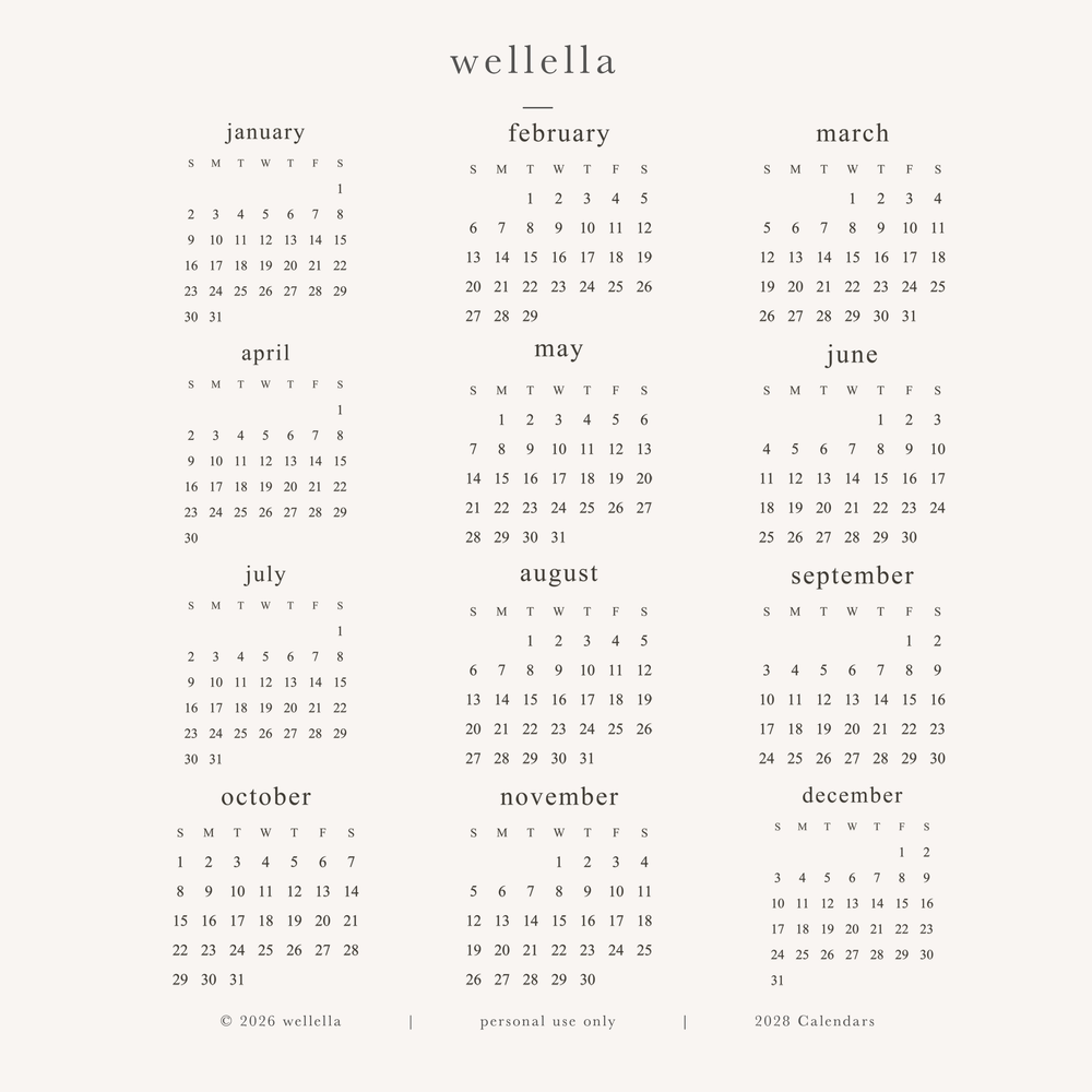 2028 Mini Calendars (Sunday start)