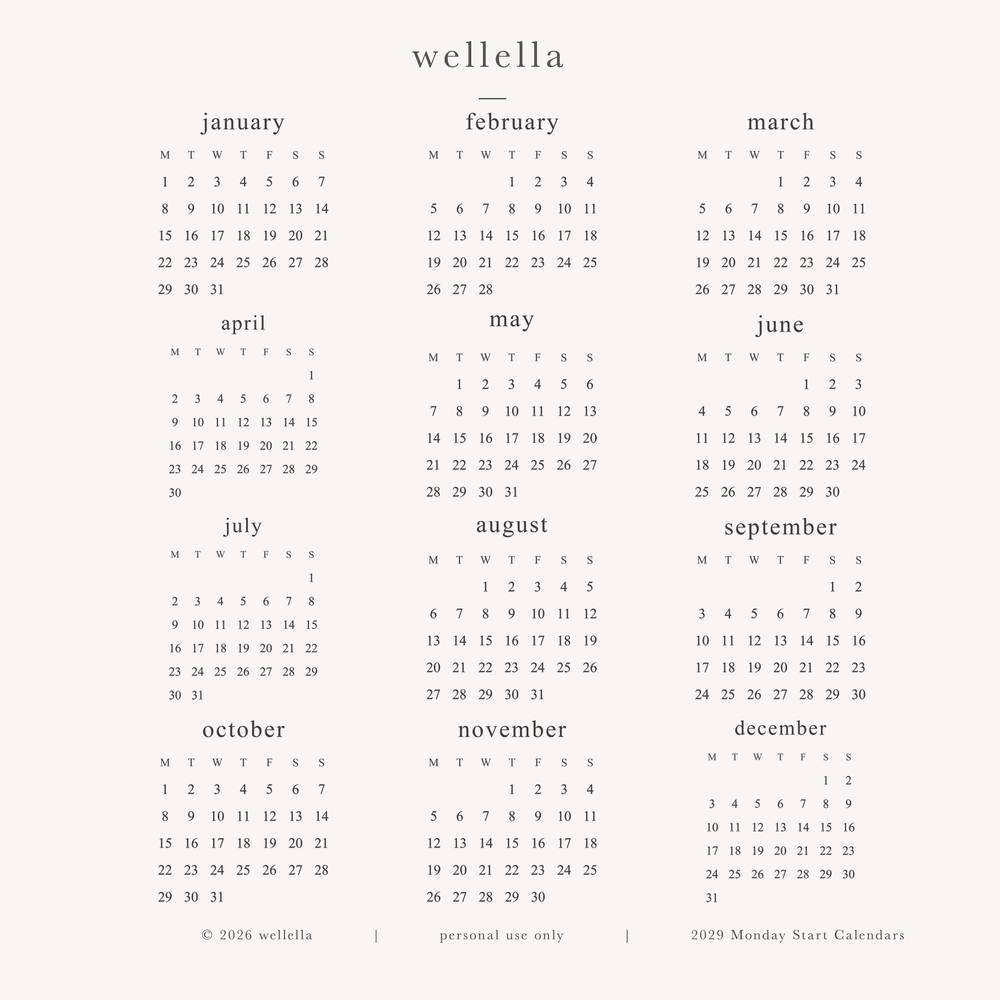 2029 Mini Calendars (Monday start)