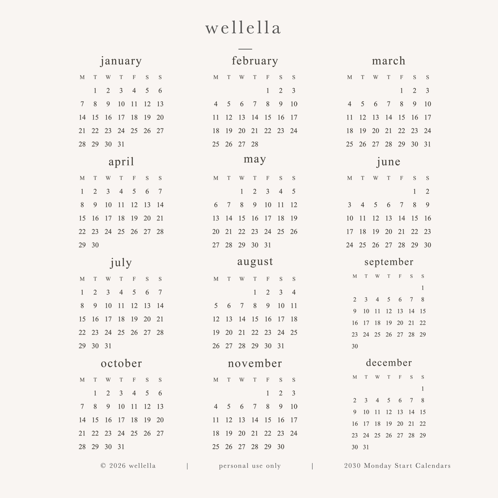 2030 Mini Calendars (Monday start)