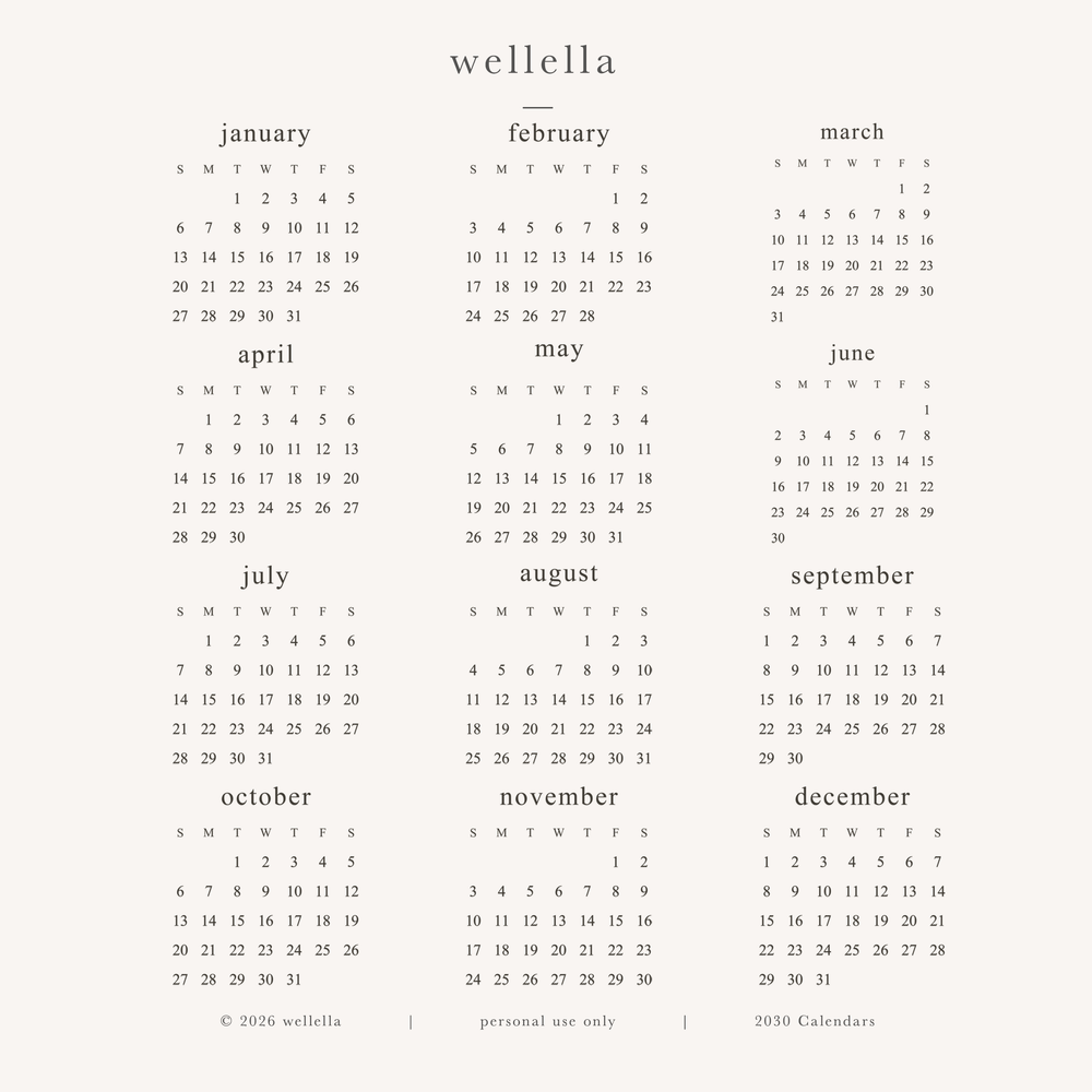 2030 Mini Calendars (Sunday start)