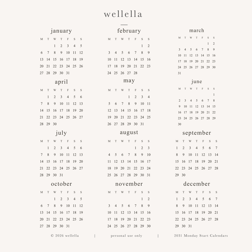 2031 Mini Calendars (Monday start)