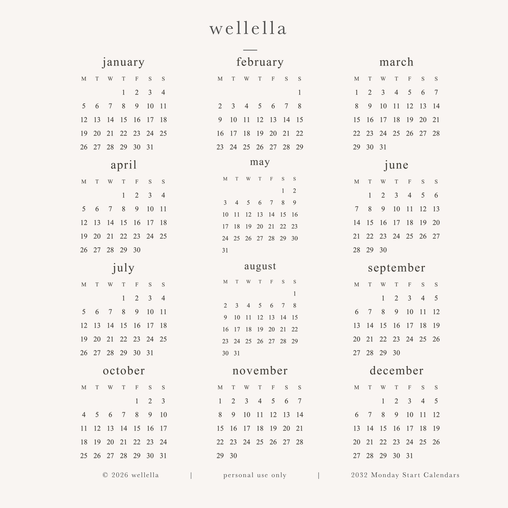 2032 Mini Calendars (Monday start)