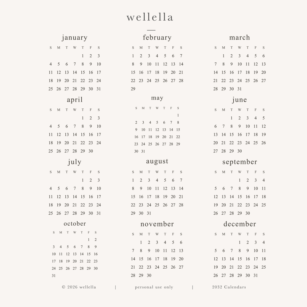 2032 Mini Calendars (Sunday start)