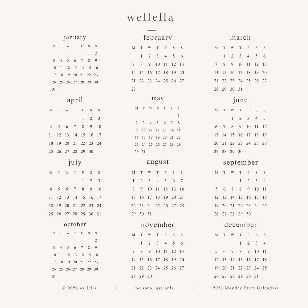 2033 Mini Calendars (Monday start)