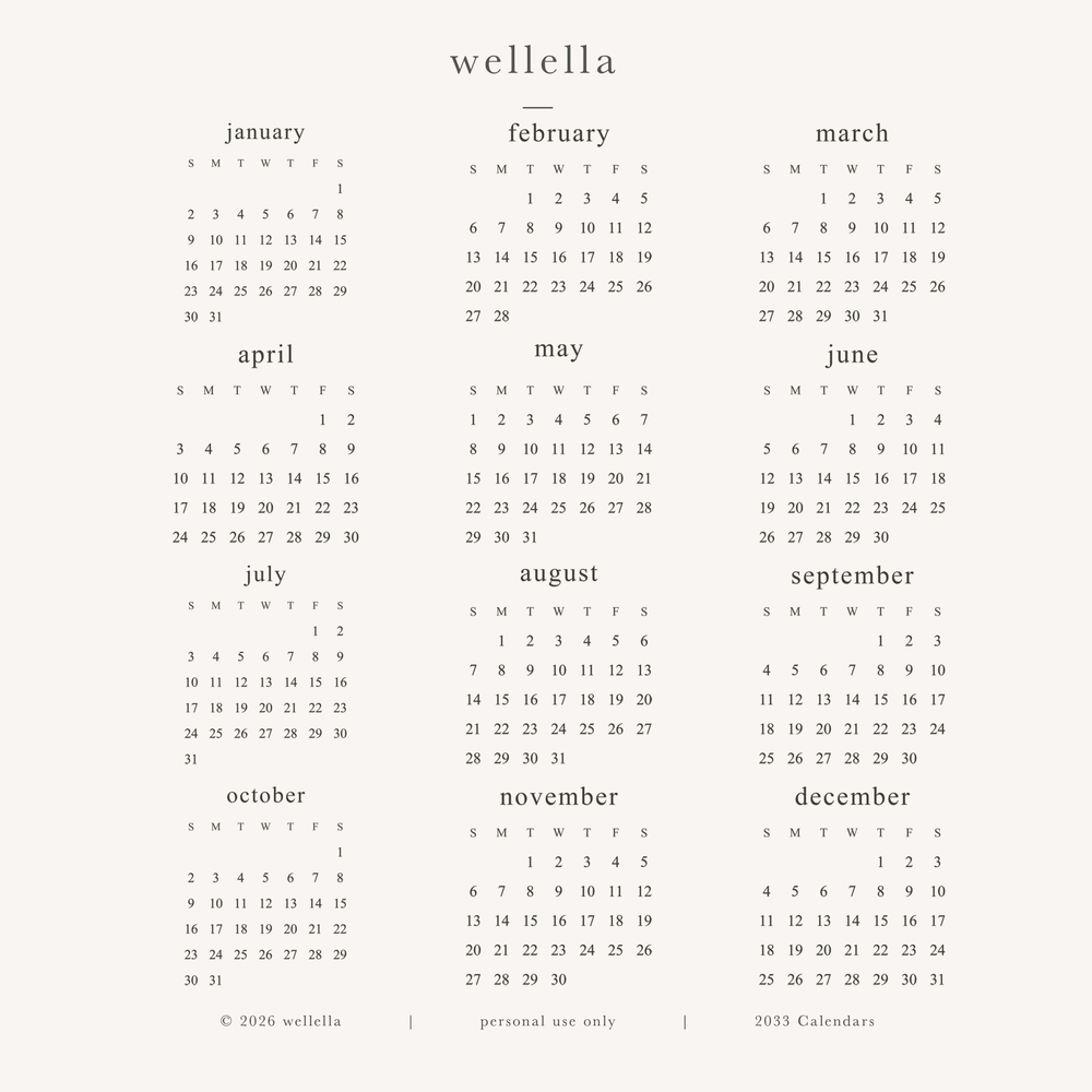 2033 Mini Calendars (Sunday start)