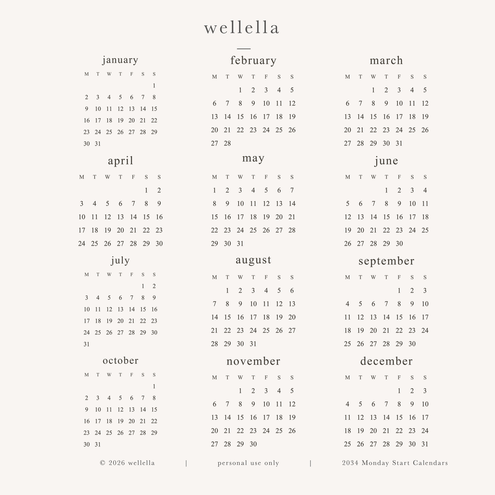 2034 Mini Calendars (Monday start)