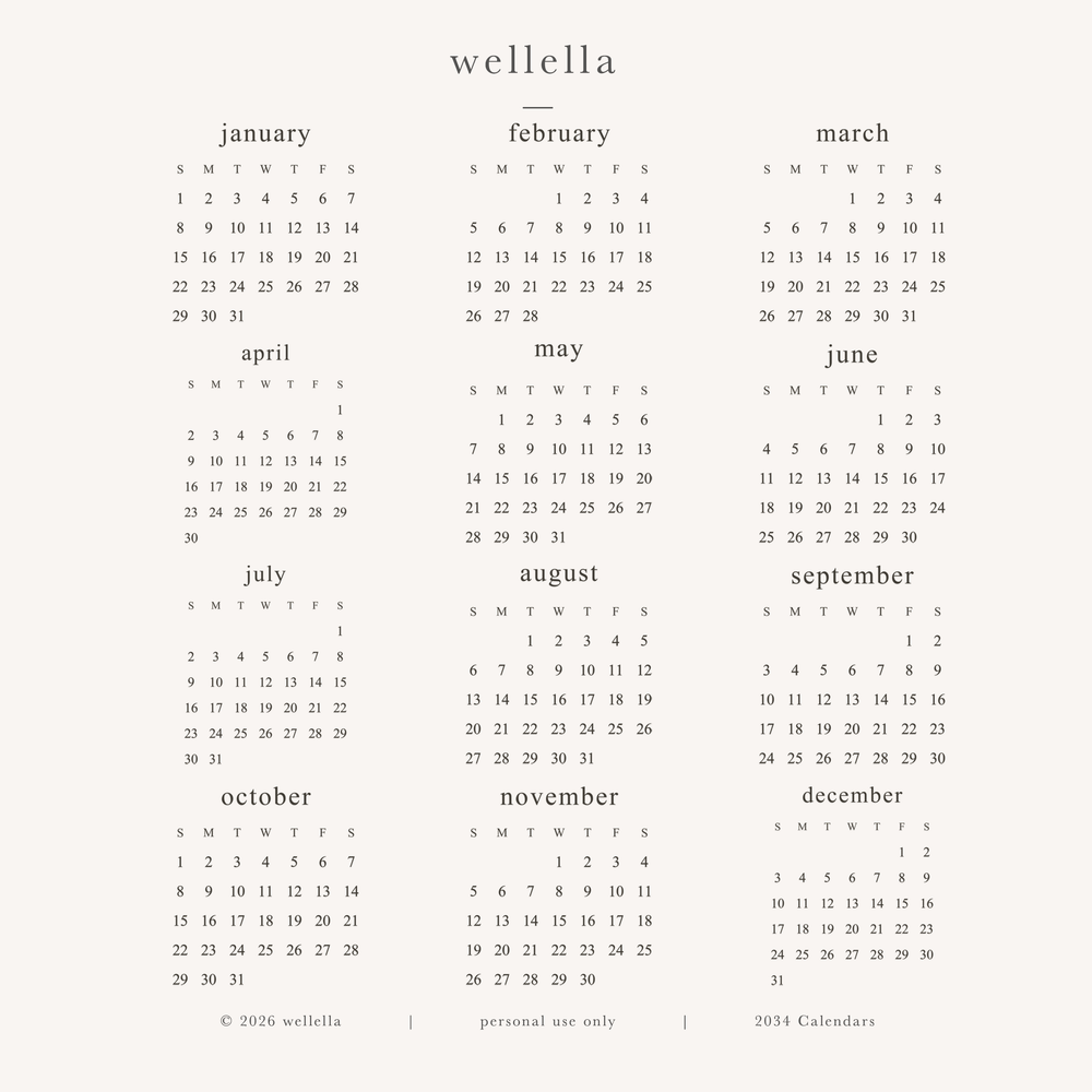 2034 Mini Calendars (Sunday start)