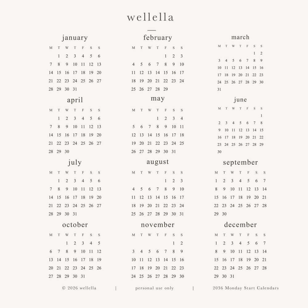 2036 Mini Calendars (Monday start)