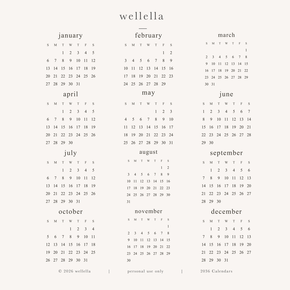 2036 Mini Calendars (Sunday start)
