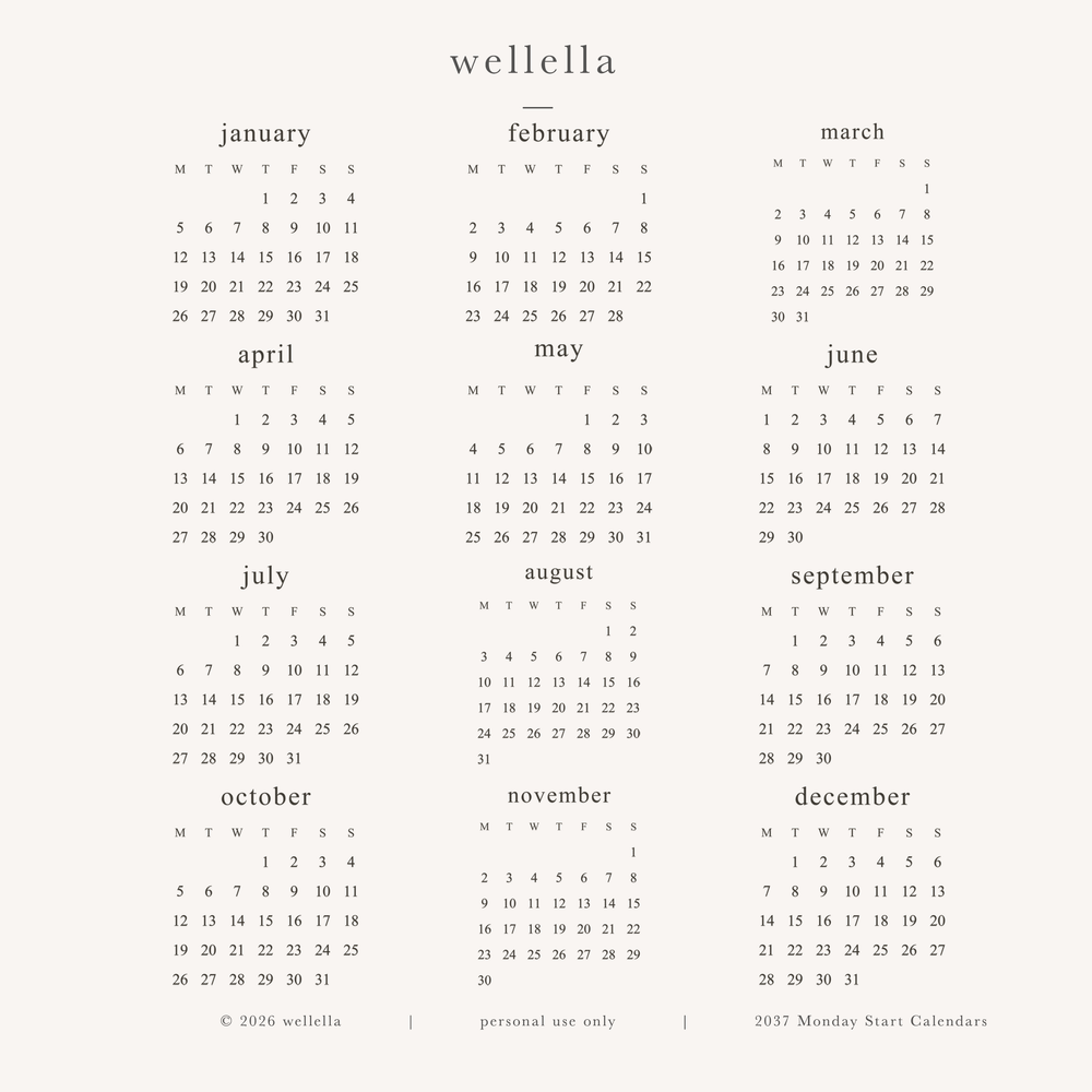 2037 Mini Calendars (Monday start)