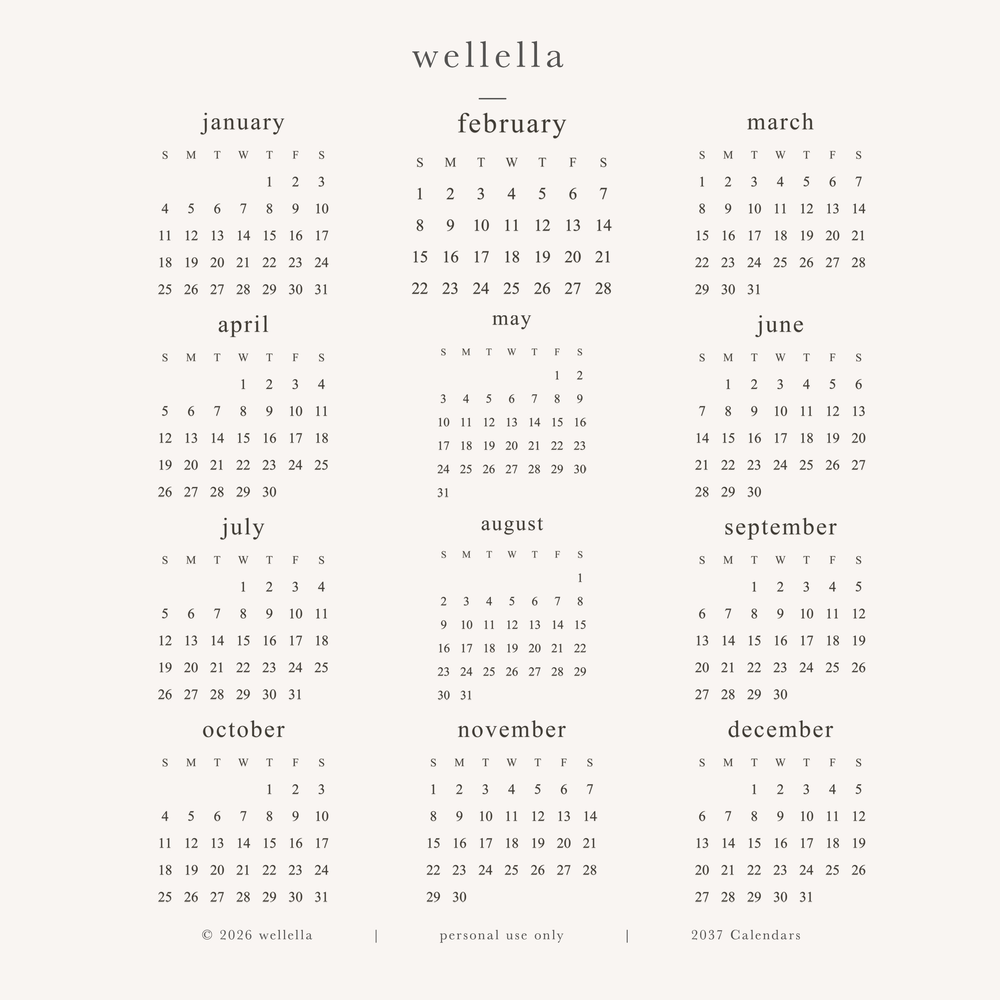 2037 Mini Calendars (Sunday start)