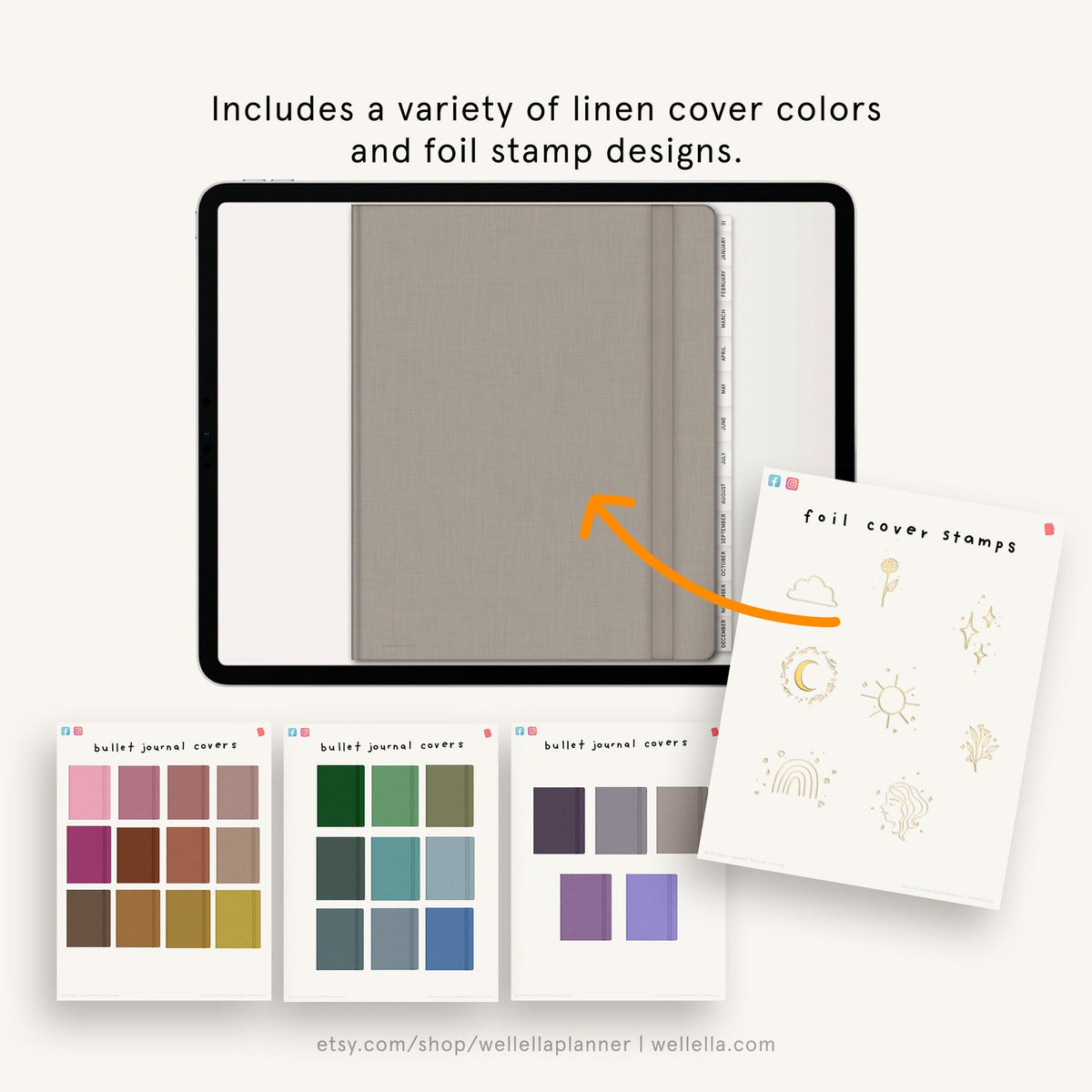 May include: A digital illustration of a linen-covered journal with a variety of color options. The journal has a spine and a ribbon bookmark. The image also shows a selection of foil stamp designs for the cover, including a cloud, a crescent moon, a sun, a flower, and a rainbow.