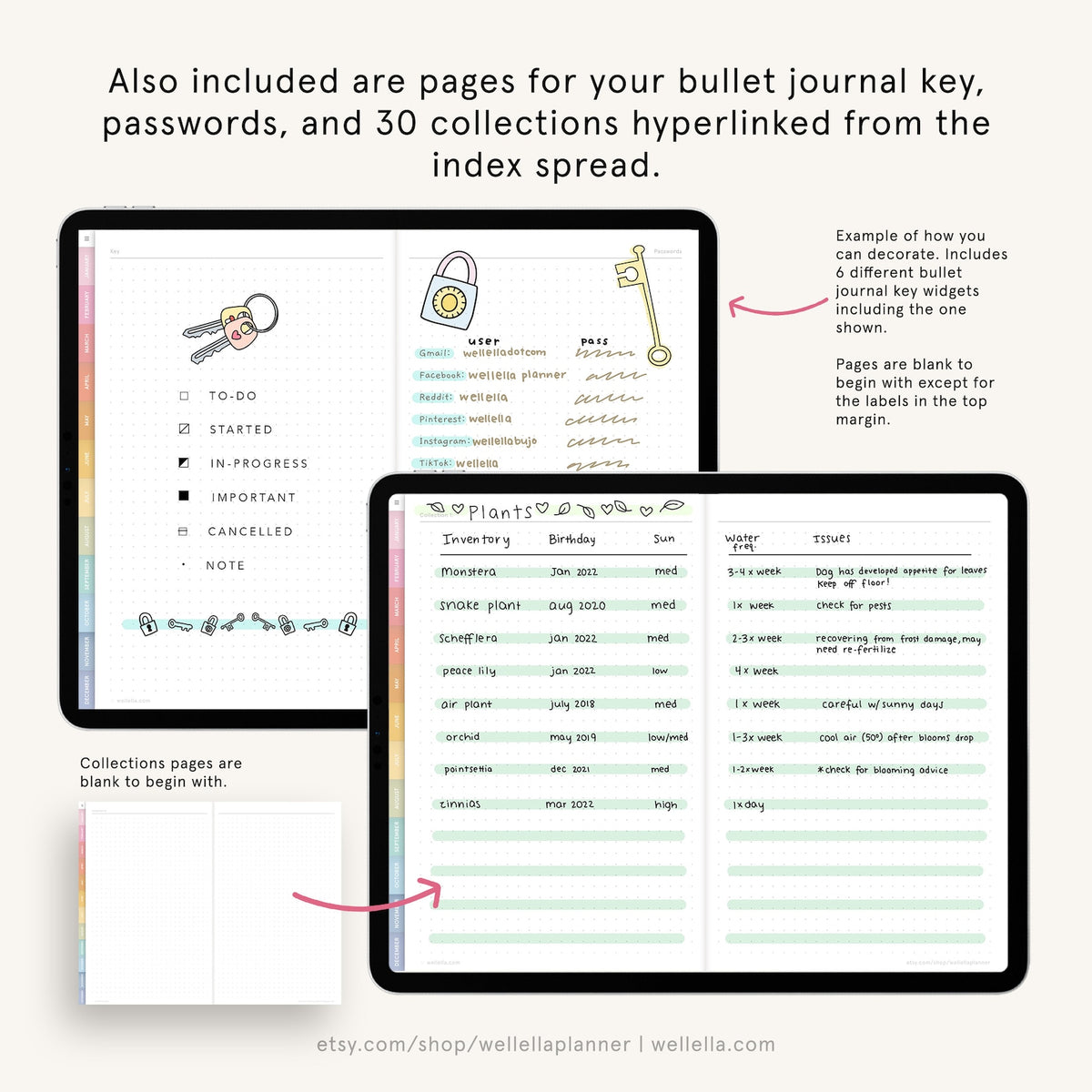 May include: A digital planner with a green and white color scheme. The planner includes a section for passwords, a bullet journal key, and 30 collections. The planner also includes a section for plant inventory with a list of plants, their birthdays, sun exposure, and watering frequency. The planner has a section for issues with a list of issues and their frequency. The planner is designed for use with a digital pen and tablet.