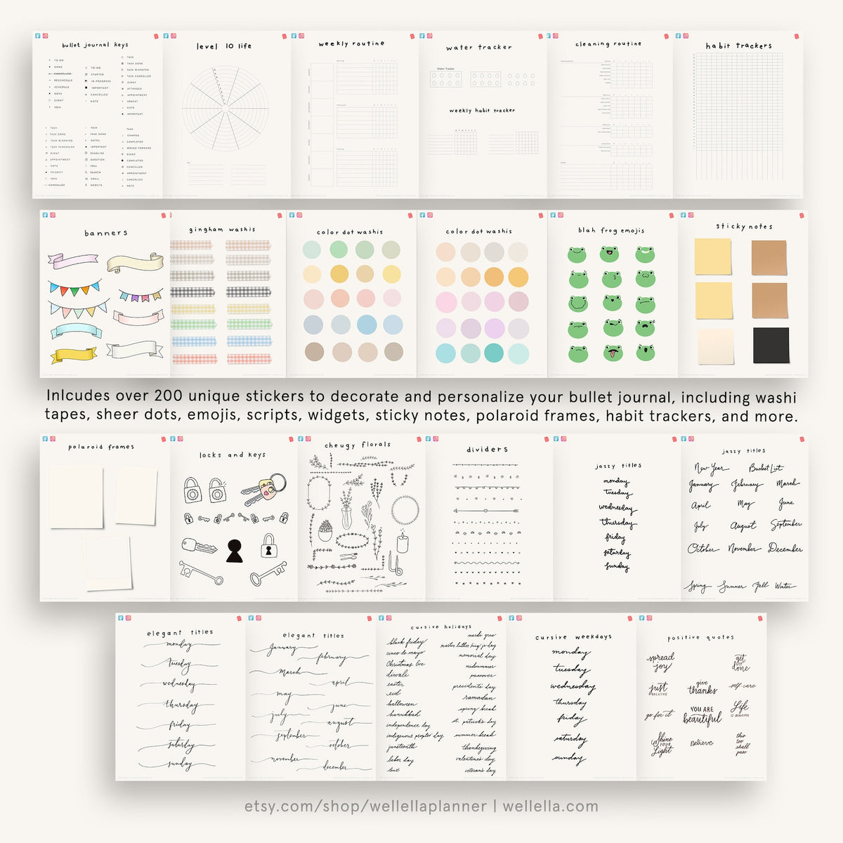 May include: A collection of printable stickers for bullet journaling. The stickers include banners, gingham washi tape, color dot washi tape, frog emojis, sticky notes, polaroid frames, locks and keys, dividers, and more. The stickers are in black and white, and various colors.