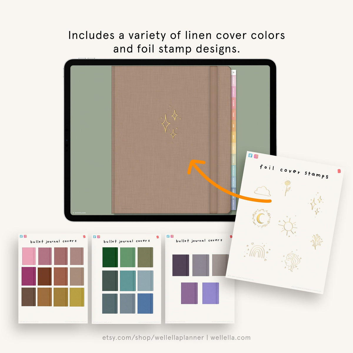 May include: A digital mockup of a linen-covered journal with a variety of color options and foil stamp designs. The journal has a gold star design on the cover. The image includes text: "bullet journal covers" and "foil cover stamps".