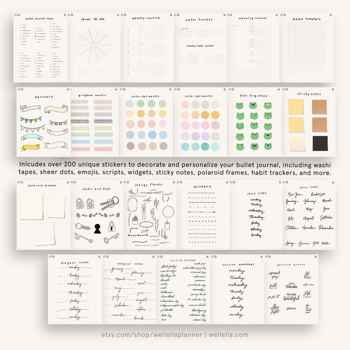 May include: A collection of printable stickers for bullet journaling. The stickers include banners, gingham washi tape, color dot washi tape, frog emojis, sticky notes, polaroid frames, locks and keys, dividers, and more. The stickers are in black and white, and various colors.