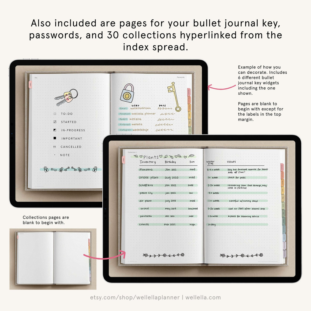 May include: A digital planner displayed on a tablet screen showing bullet journal pages with a key, password tracker, and plant inventory list. The pages feature dot grid paper, colorful tabbed edges, and hand-drawn illustrations of keys and locks.