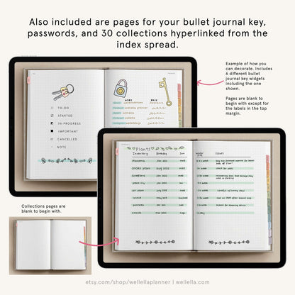 May include: A digital planner displayed on a tablet screen showing bullet journal pages with a key, password tracker, and plant inventory list. The pages feature dot grid paper, colorful tabbed edges, and hand-drawn illustrations of keys and locks.