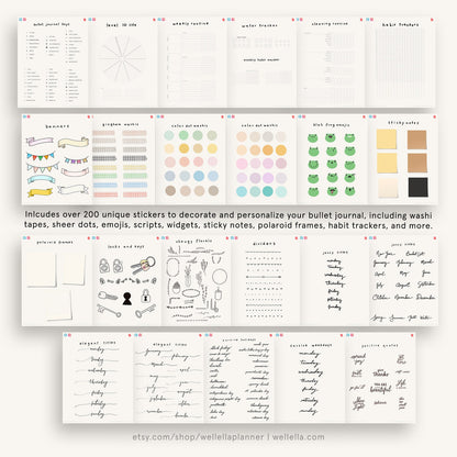 May include: A digital sticker set for bullet journals featuring over 200 elements including banners, gingham washi tape, color dots, frog emojis, sticky notes, polaroid frames, locks, keys, floral doodles, dividers, and various script titles for days and months.