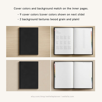 May include: A black notebook with a solid cover shown in two views: closed and open. The open pages feature a grid layout with monthly calendar text and colorful side tabs. Text states: Cover colors and background match on the inner pages.