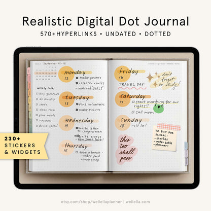 May include: A digital dot journal displayed on a tablet screen, featuring an undated weekly planner layout with handwritten tasks, colorful circular date markers, a frog sticker, and a sticky note. Text includes Realistic Digital Dot Journal.