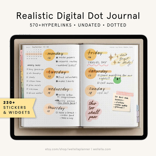 May include: A digital dot journal displayed on a tablet screen, featuring an undated weekly planner layout with handwritten tasks, colorful circular date markers, a frog sticker, and a sticky note. Text includes Realistic Digital Dot Journal.