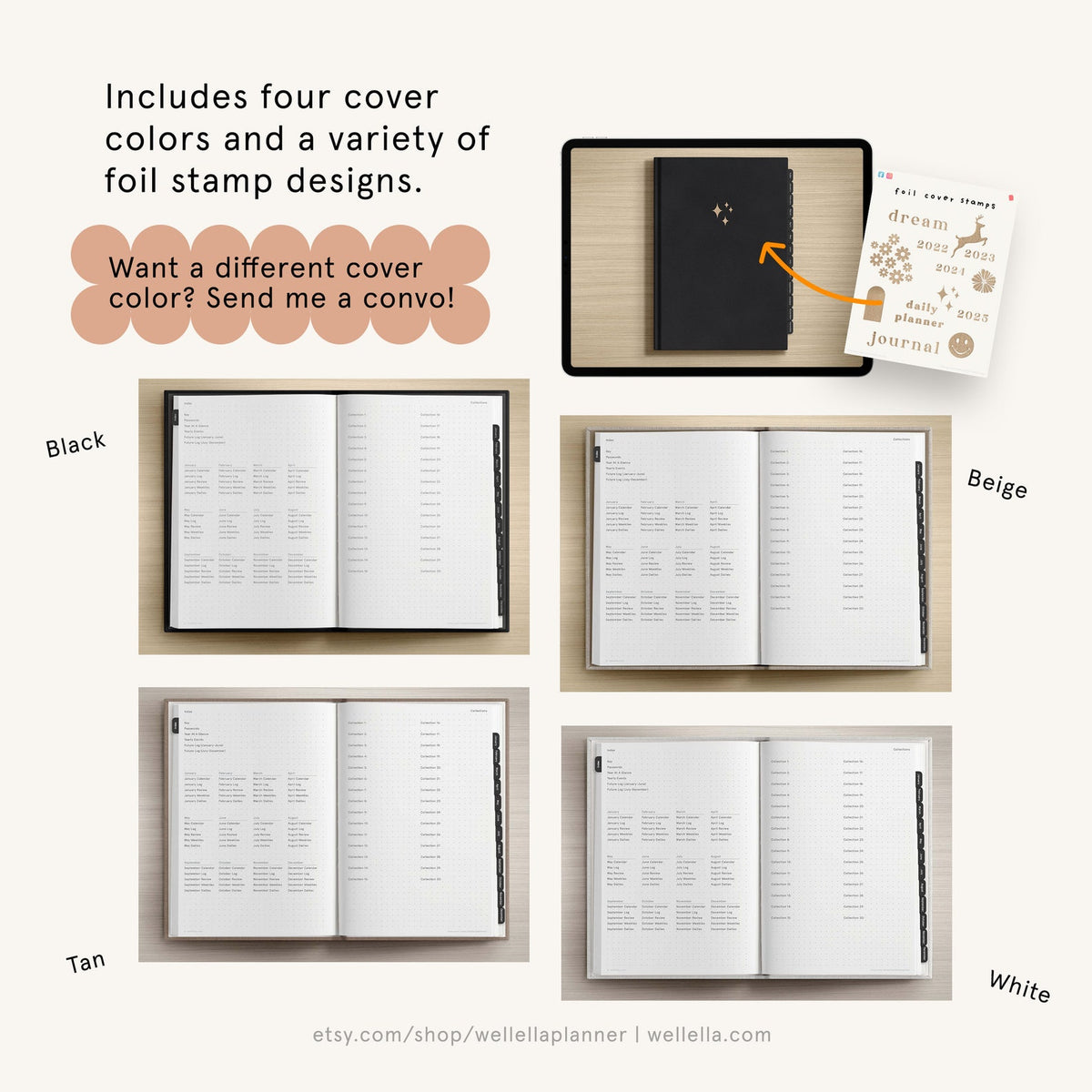 May include: Four different colored planner covers with a gridded interior. The covers are black, beige, tan, and white. The image also includes a sticker sheet with gold foil accents and the text "dream 2022 2023 2021 daily planner journal".