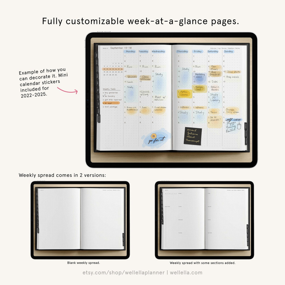 May include: A close-up of a weekly planner with a black cover and a weekly spread. The planner is open to a page with the date September 12-18. The page is divided into seven columns, one for each day of the week. The planner has a blank weekly spread and a weekly spread with some sections added. The text "go for it" is written in blue ink on the page. The text "etsy.com/shop/wellellaplanner | wellella.com" is printed at the bottom of the image.