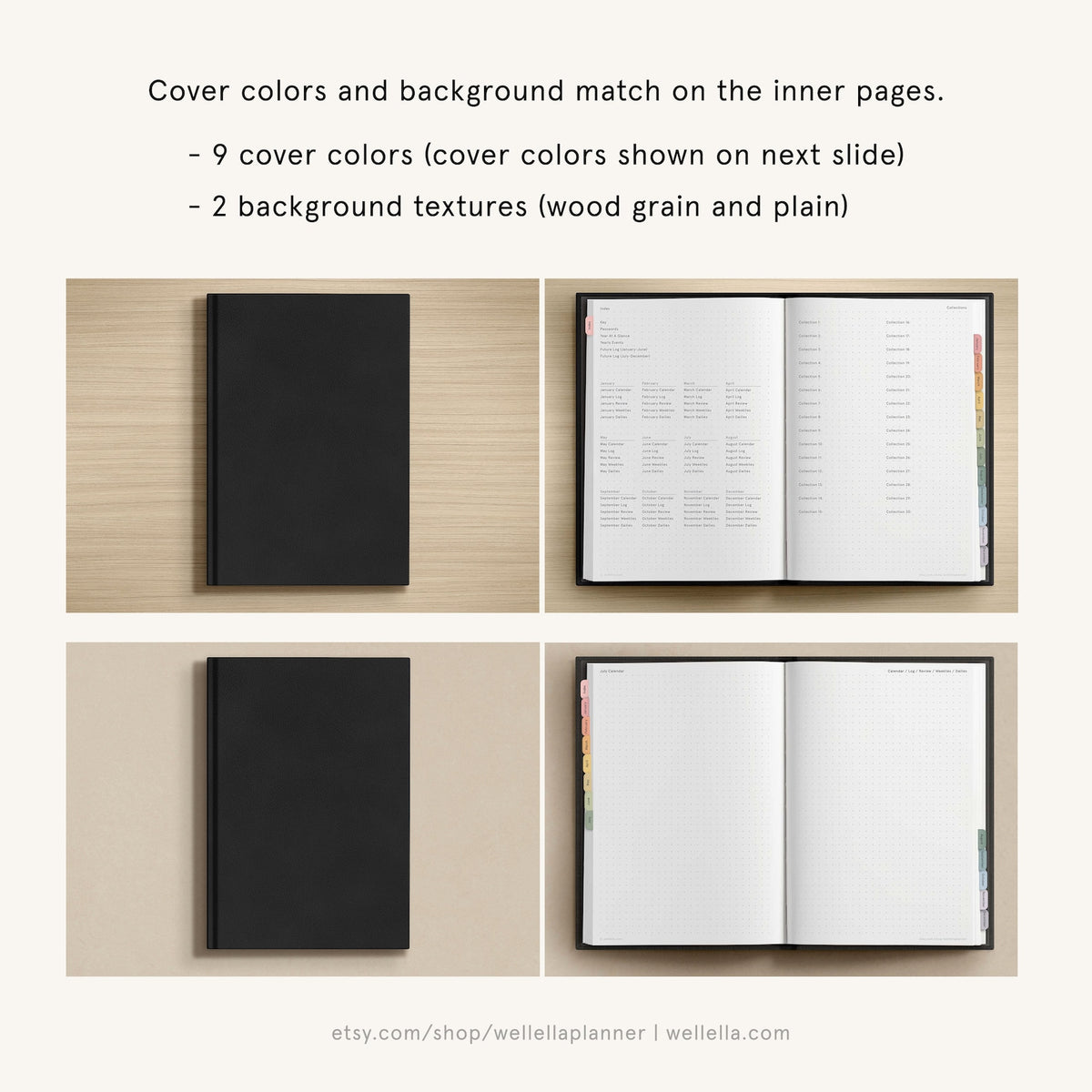 May include: A black planner with a gridded interior and a black cover. The planner is open to show the interior pages. The planner has a tabbed index with colorful tabs. The text on the page reads "etsy.com/shop/wellellaplanner | wellella.com".