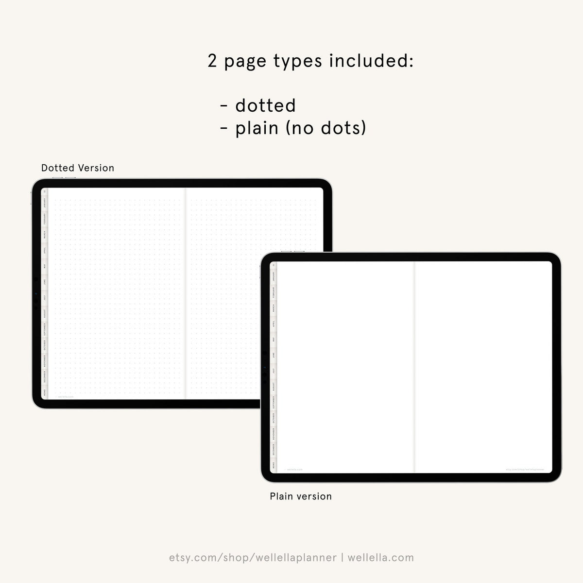 May include: Two versions of a planner page, one with dotted lines and one without. The text "Dotted Version" is at the top of the dotted page and "Plain version" is at the bottom of the plain page. The text "2 page types included: dotted plain (no dots)" is at the top of the image.