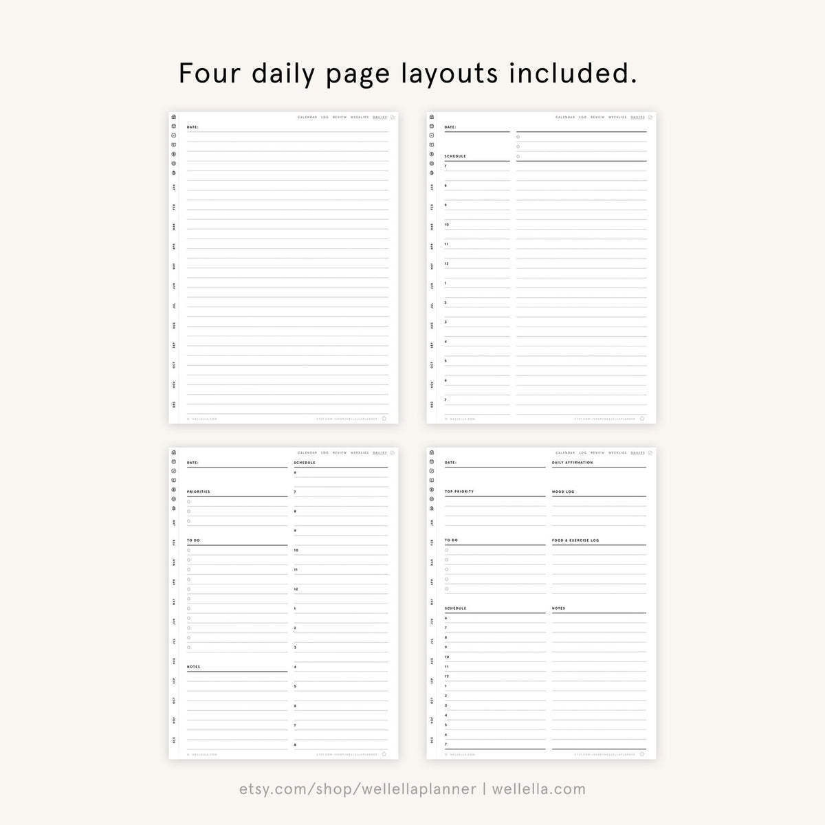 May include: Four different daily page layouts for a planner. Each layout includes a date, space for priorities, to-do lists, notes, and other sections.