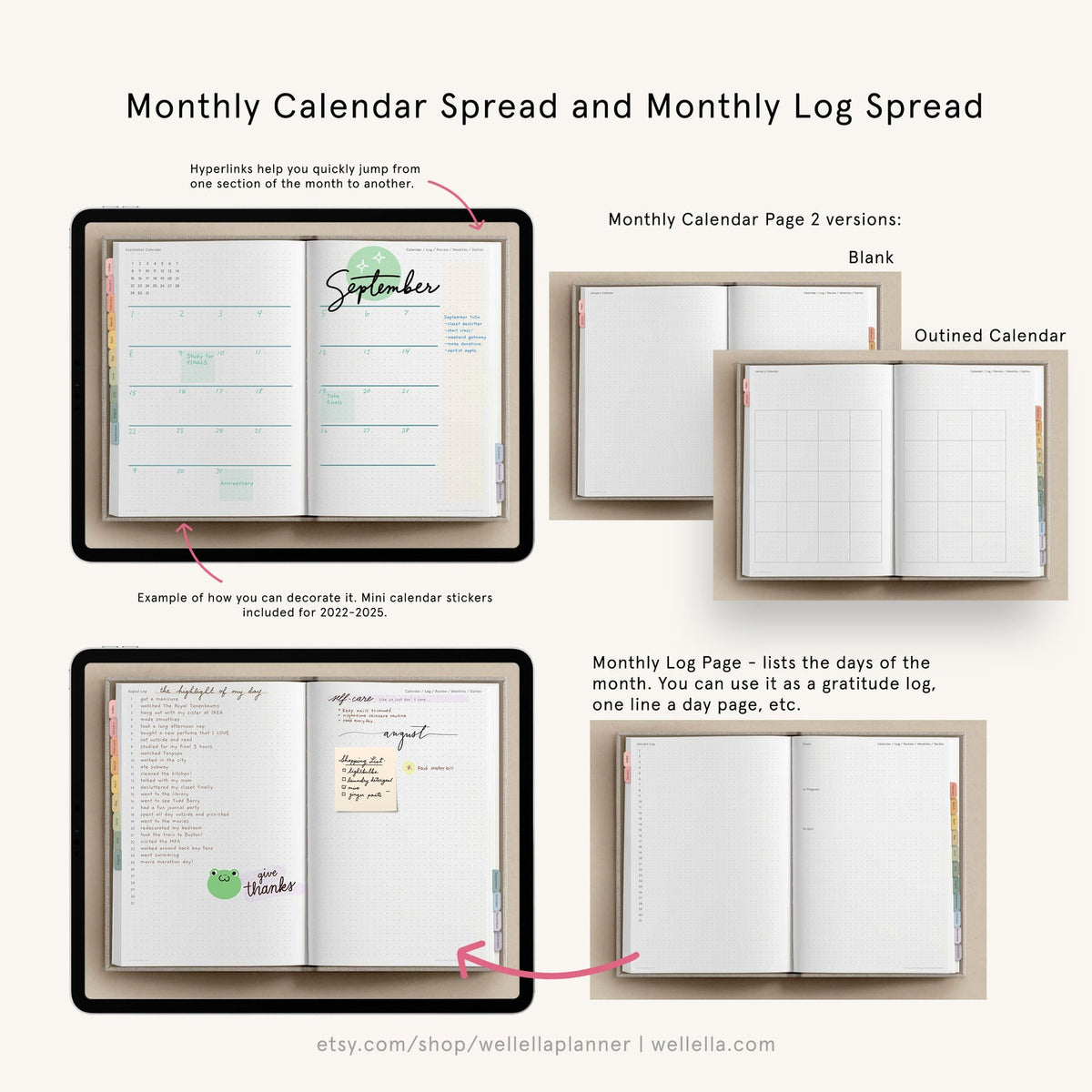May include: A digital planner layout featuring a monthly calendar spread and a monthly log spread. The pages include grid backgrounds, tabbed edges, and space for notes, gratitude logs, and task lists, with examples of decorative stickers.