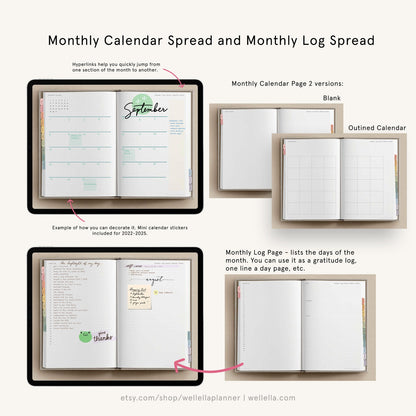 May include: A digital planner layout featuring a monthly calendar spread and a monthly log spread. The pages include grid backgrounds, tabbed edges, and space for notes, gratitude logs, and task lists, with examples of decorative stickers.