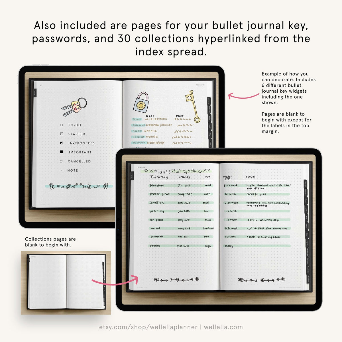 May include: A digital planner with a black cover and a dotted grid. The planner includes pages for a bullet journal key, passwords, and 30 collections. The image shows an example of a page with a list of plants and their inventory, including the date they were purchased and their birthday. The text "Plants Inventory" is at the top of the page. The planner also includes a page with a list of to-do items, started items, in-progress items, importan