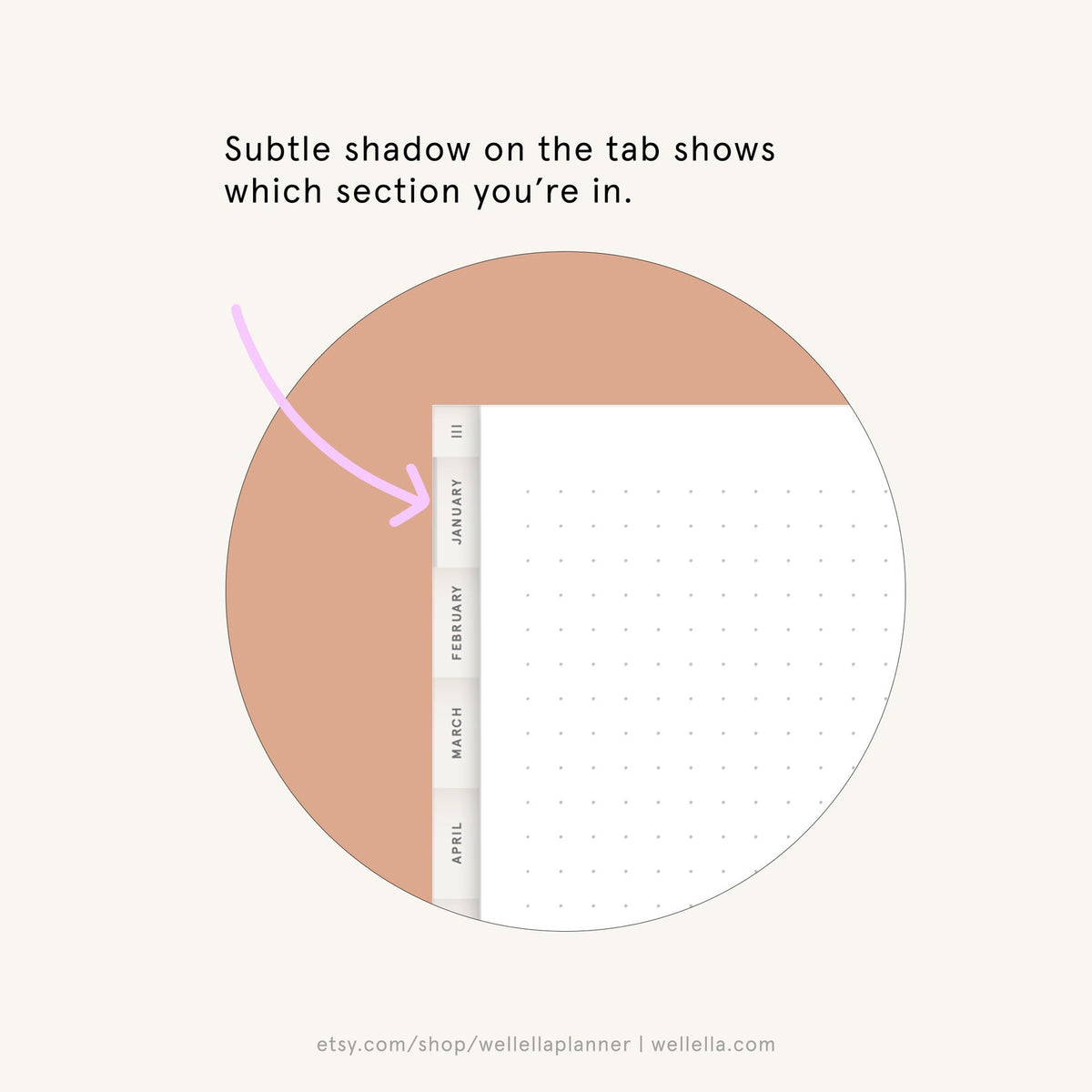 May include: A white planner with a tabbed divider for each month. The tabs are labeled "April", "March", "February", and "January". A subtle shadow on the tab shows which section you're in.