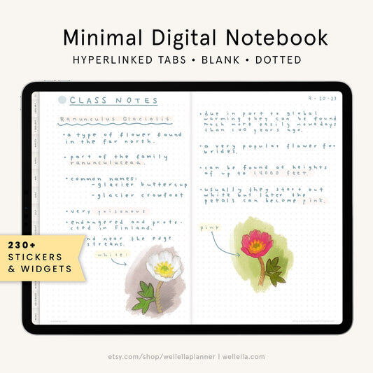 May include: A digital notebook with a dotted grid and a page open to notes about the Ranunculus Glacialis flower. The page includes a hand-drawn illustration of the flower with white petals and a pink center. The text on the page reads "CLASS NOTES" and "Ranunculus Glacialis".