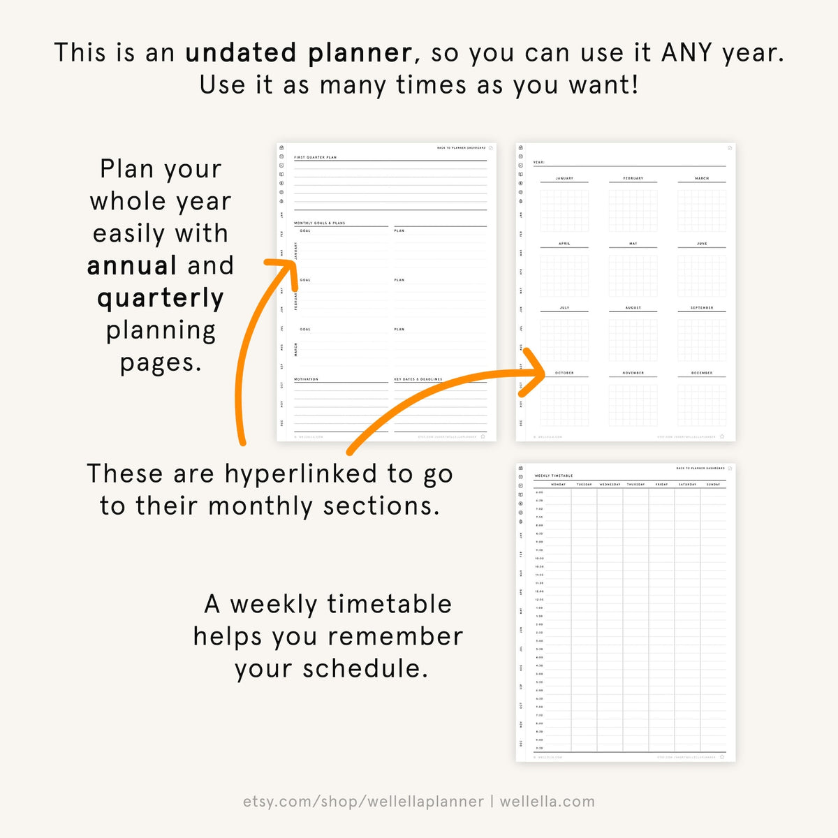 May include: A black and white planner with a simple design. The planner includes pages for annual and quarterly planning, as well as monthly and weekly sections. The text "This is an undated planner, so you can use it ANY year. Use it as many times as you want!" is at the top of the image.