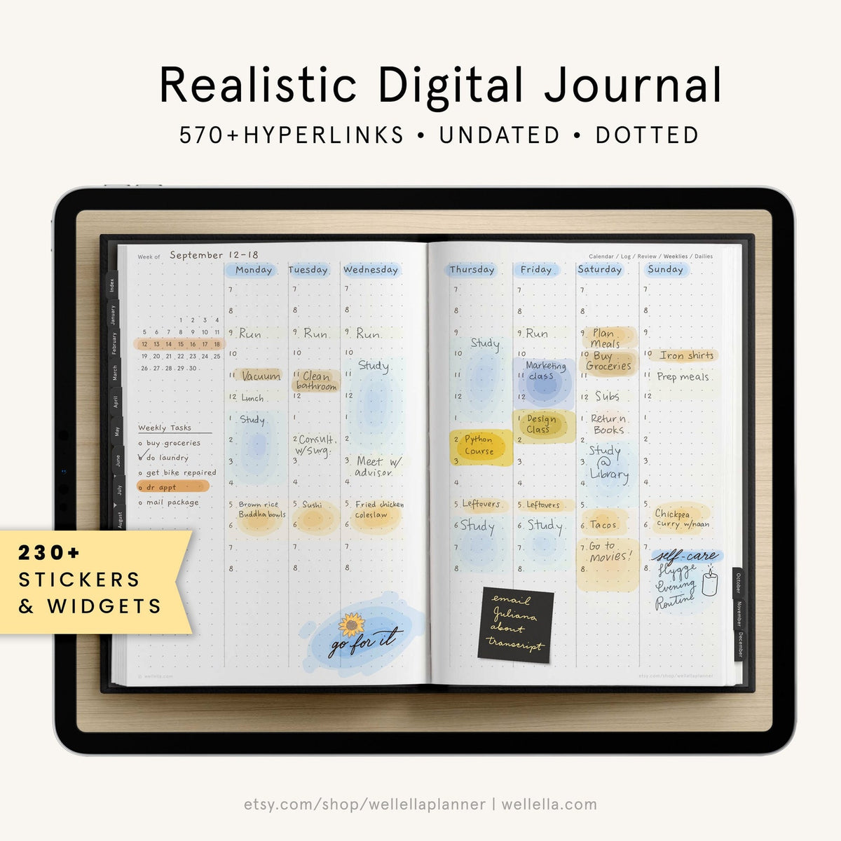 May include: A digital planner on a tablet screen with a weekly calendar layout. The planner has a dotted grid and includes stickers and widgets. The calendar is for the week of September 12-18 and includes tasks, appointments, and notes. The planner is designed to be used for personal or professional organization.