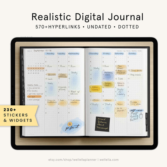 May include: A digital planner on a tablet screen with a weekly calendar layout. The planner has a dotted grid and includes stickers and widgets. The calendar is for the week of September 12-18 and includes tasks, appointments, and notes. The planner is designed to be used for personal or professional organization.