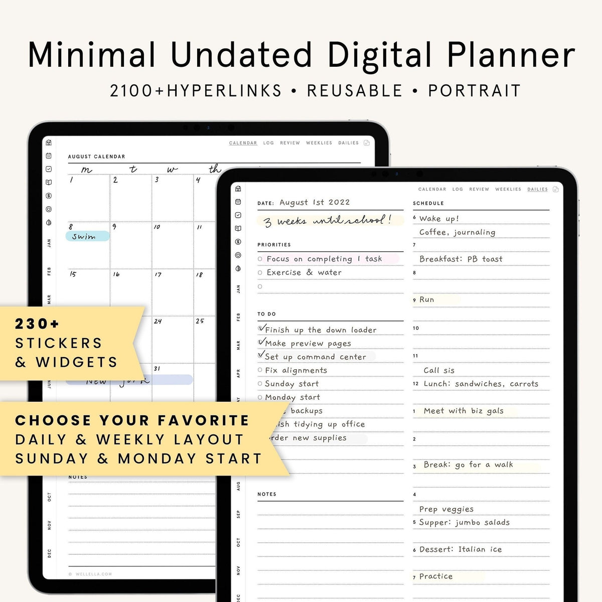 May include: A digital planner with a minimalist design. The planner includes a calendar, a to-do list, and a notes section. The planner is undated and reusable. The planner is designed for portrait orientation. The planner includes 230+ stickers and widgets. The planner is designed for both daily and weekly layouts. The planner can be started on either Sunday or Monday. The planner includes hyperlinks.