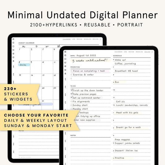 May include: A digital planner with a minimalist design. The planner includes a calendar, a to-do list, and a notes section. The planner is undated and reusable. The planner is designed for portrait orientation. The planner includes 230+ stickers and widgets. The planner is designed for both daily and weekly layouts. The planner can be started on either Sunday or Monday. The planner includes hyperlinks.
