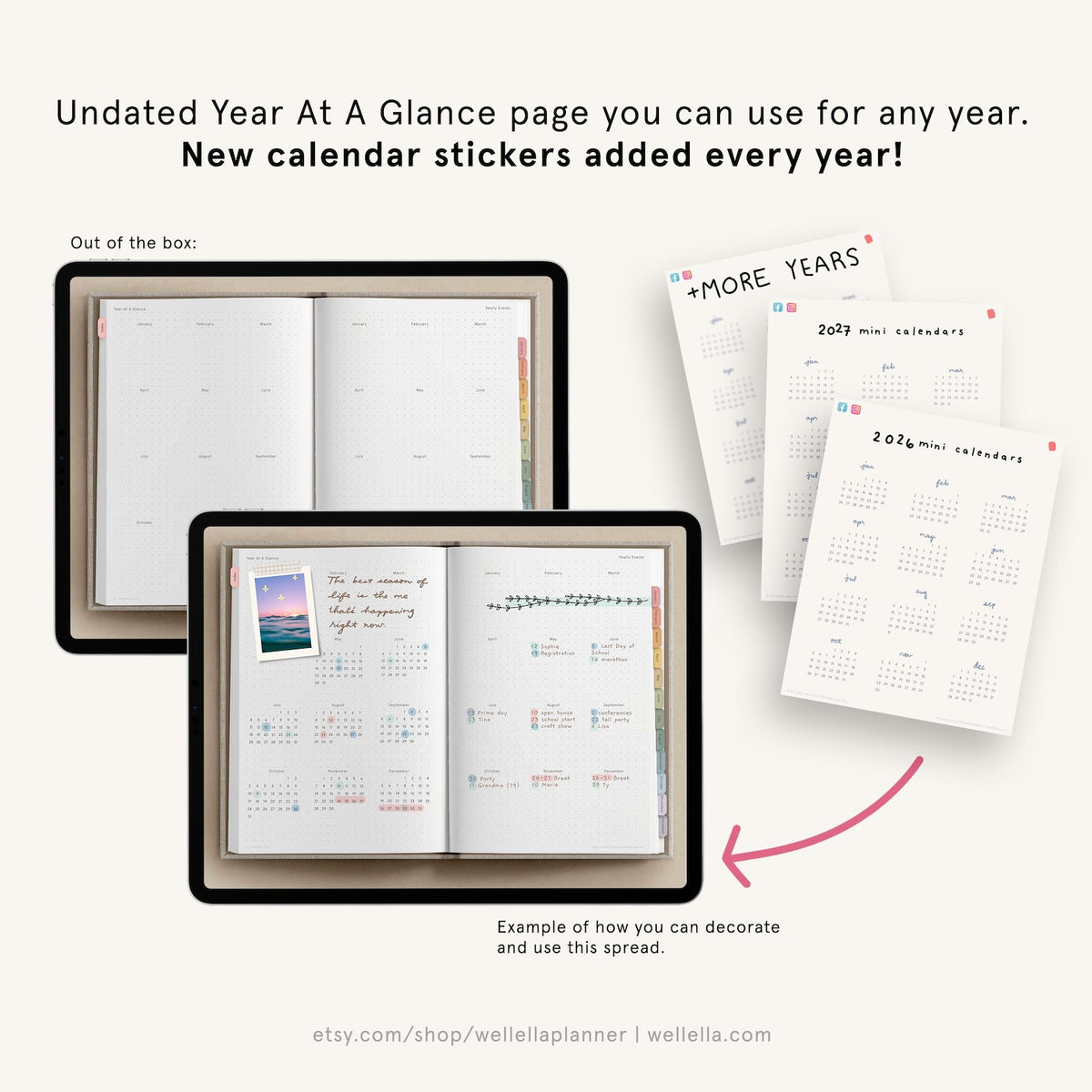 May include: An undated year-at-a-glance planner spread featuring a grid layout, shown on two digital tablet screens. Includes three sheets of mini calendar stickers for 2026 and 2027, plus a sheet labeled +MORE YEARS, with text examples of decoration.