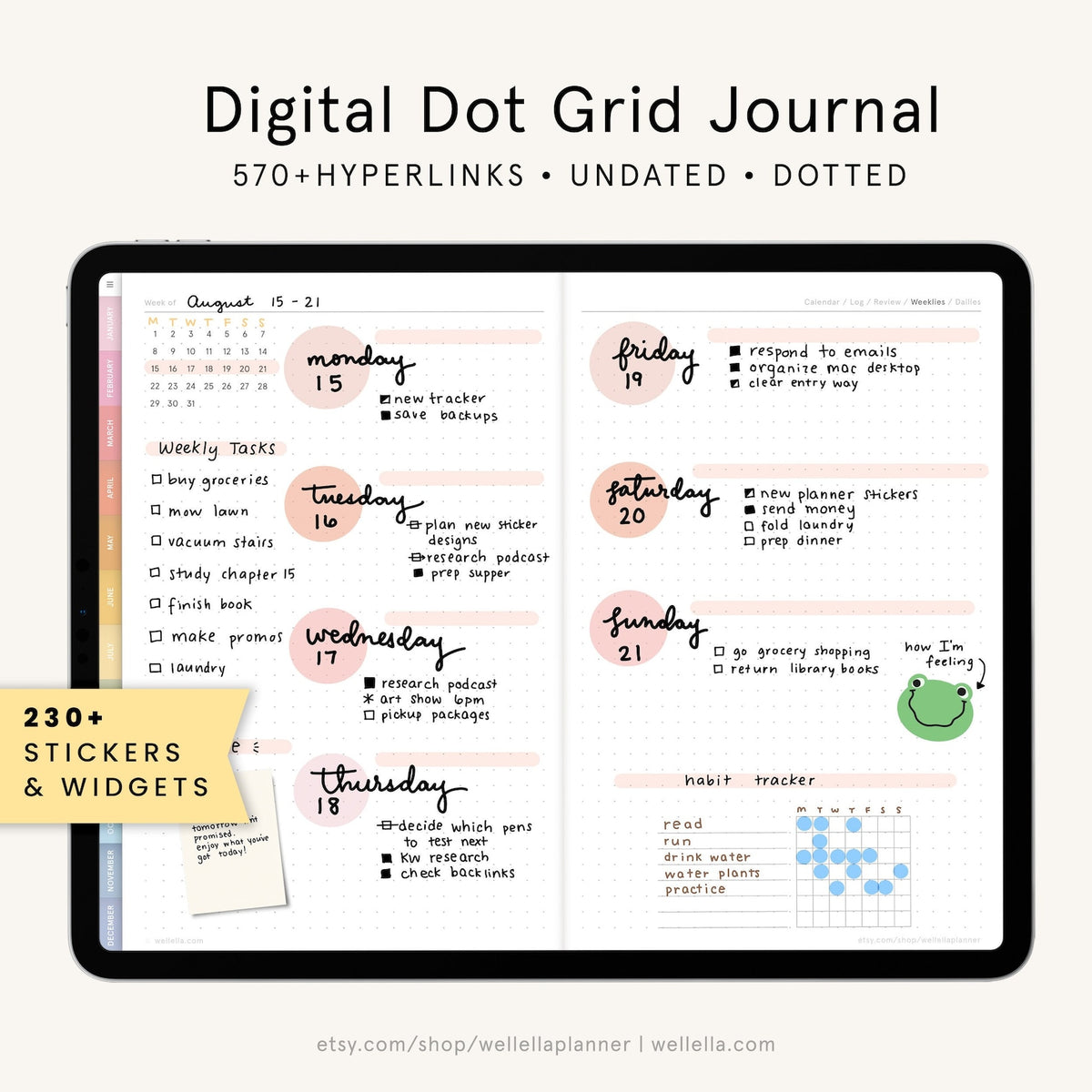 May include: A digital planner with a pink and peach color scheme. The planner has a weekly layout with a dot grid background. The planner includes a habit tracker, a mood tracker, and a section for weekly tasks. The planner is designed for use with a digital pen and tablet.