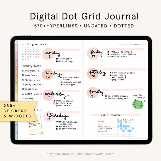 May include: A digital planner with a pink and peach color scheme. The planner has a weekly layout with a dot grid background. The planner includes a habit tracker, a mood tracker, and a section for weekly tasks. The planner is designed for use with a digital pen and tablet.