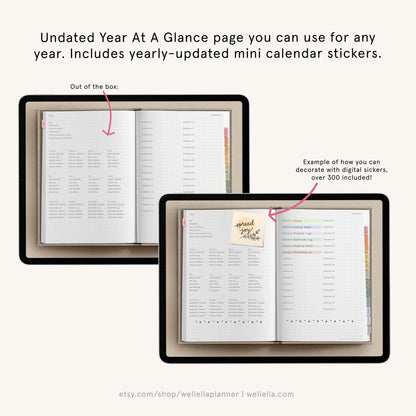 May include: An undated year-at-a-glance planner page displayed on two digital tablets. The left tablet shows the blank layout, while the right tablet features the same page decorated with a square sticky note reading spread joy and colorful stickers.