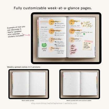 May include: A digital planner display showing fully customizable week-at-a-glance pages. The layout features a dot grid weekly spread with handwritten tasks, colorful circular date markers, and decorative stickers. Two additional blank and sectioned versions are shown below.